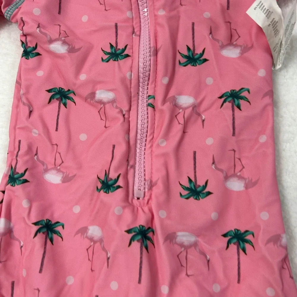 Bonverano UV Sun Suit Baby Girls 6-9M Pink Flamingo Palm Rashguard One Piece Hat - Picture 6 of 16